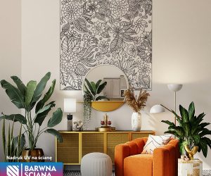 Motyw liści, kwiatów, alternatywa dla fototapety, dla tapety, tapeta na ścianę dla pokoju, Aranżacja wnętrza pokoju gościnnego